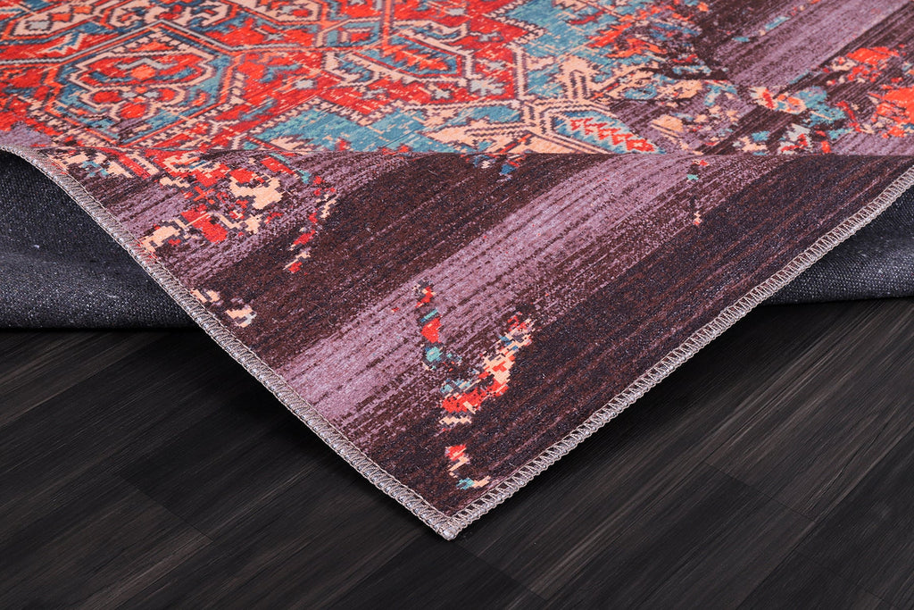 Détail du motif du tapis vintage bordeaux lavable Fleur