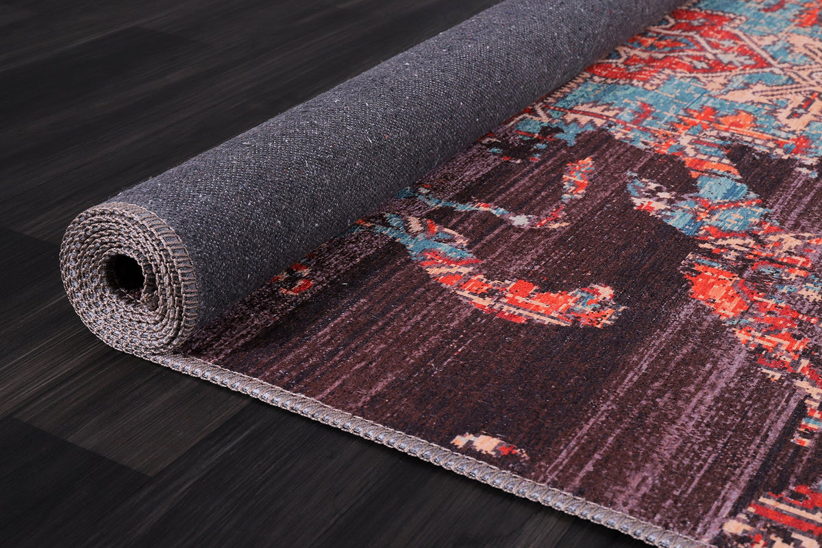 Tapis Vintage Bordeaux Lavable Fleur, vue 4