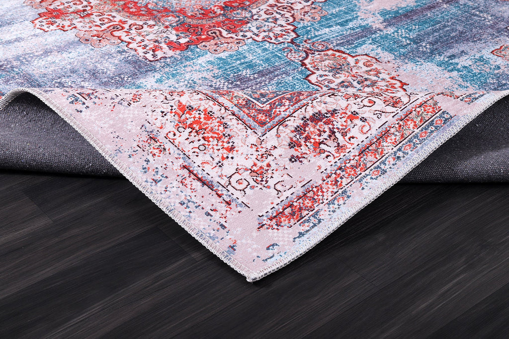 Détail du motif du tapis classique vintage bleu marine lavable Isla