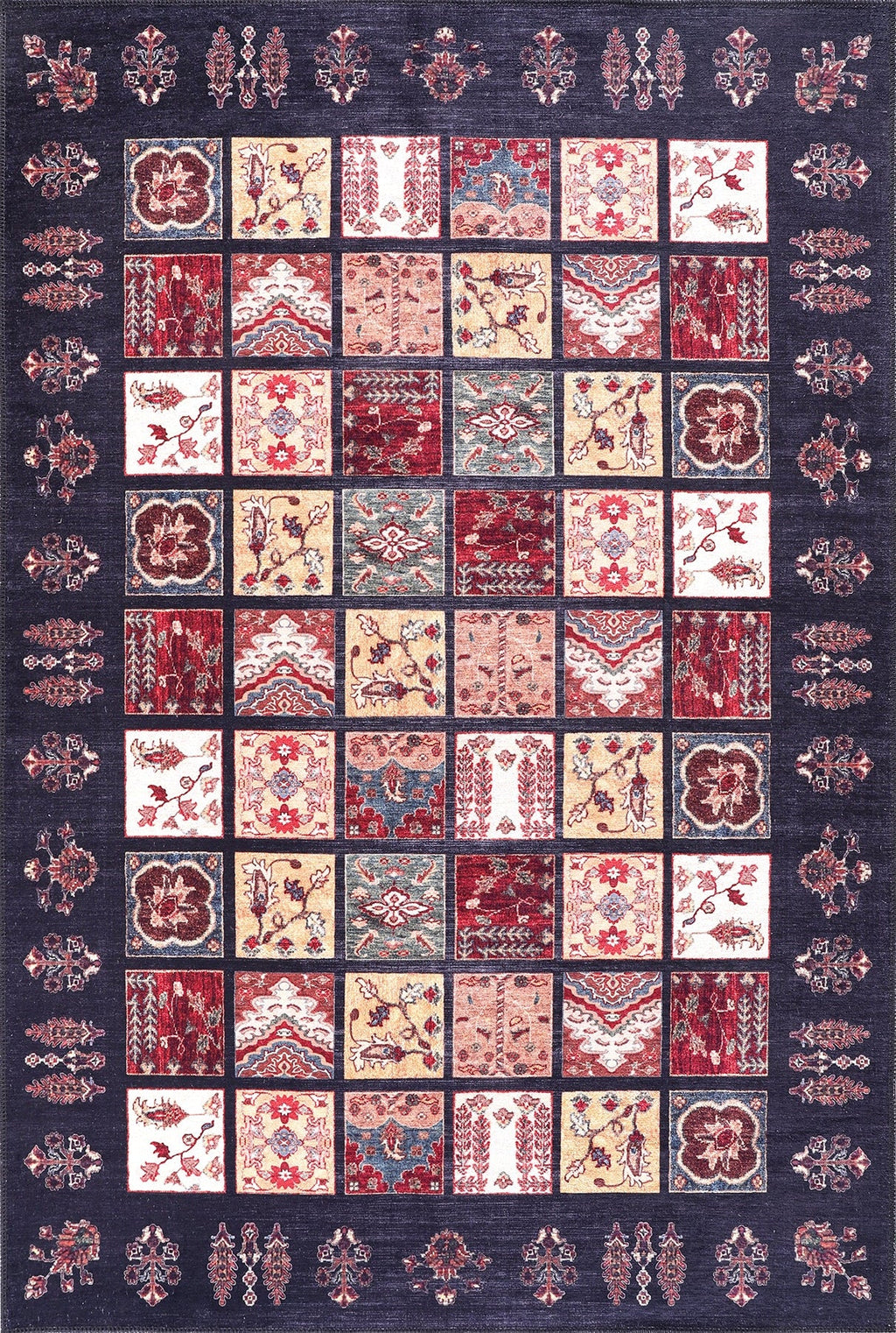 Détail du motif du tapis ethnique vintage crème et blanc lavable Anya