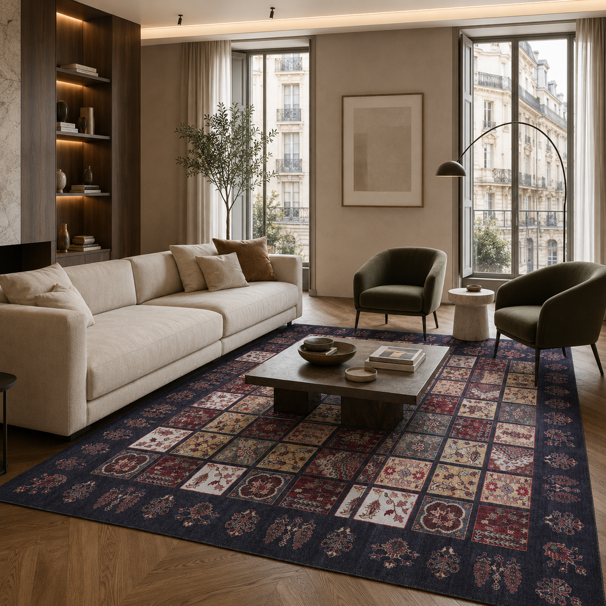 Tapis Ethnique Vintage Crème et Blanc Lavable Anya, vue principale