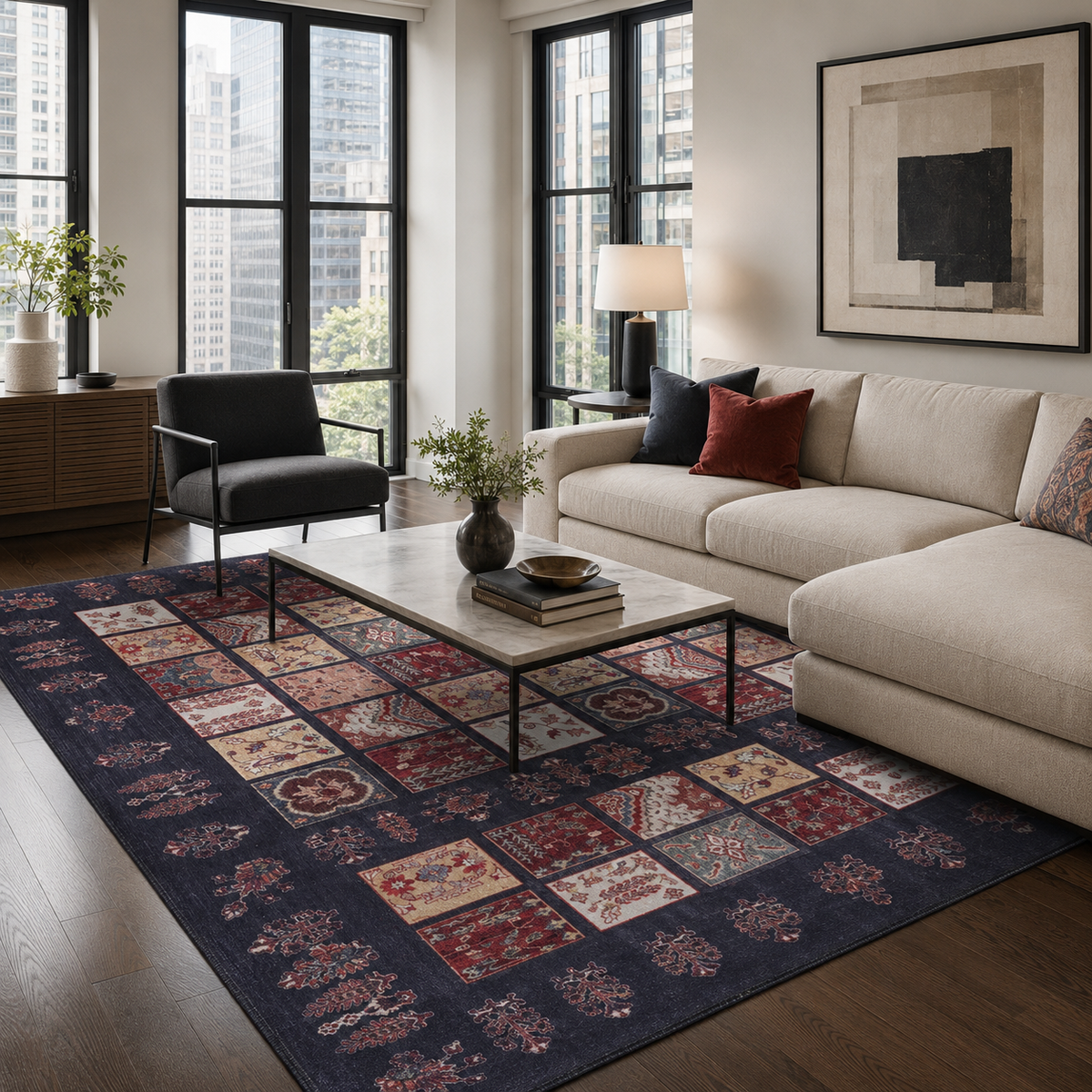 Tapis Ethnique Vintage Crème et Blanc Lavable Anya, vue 12
