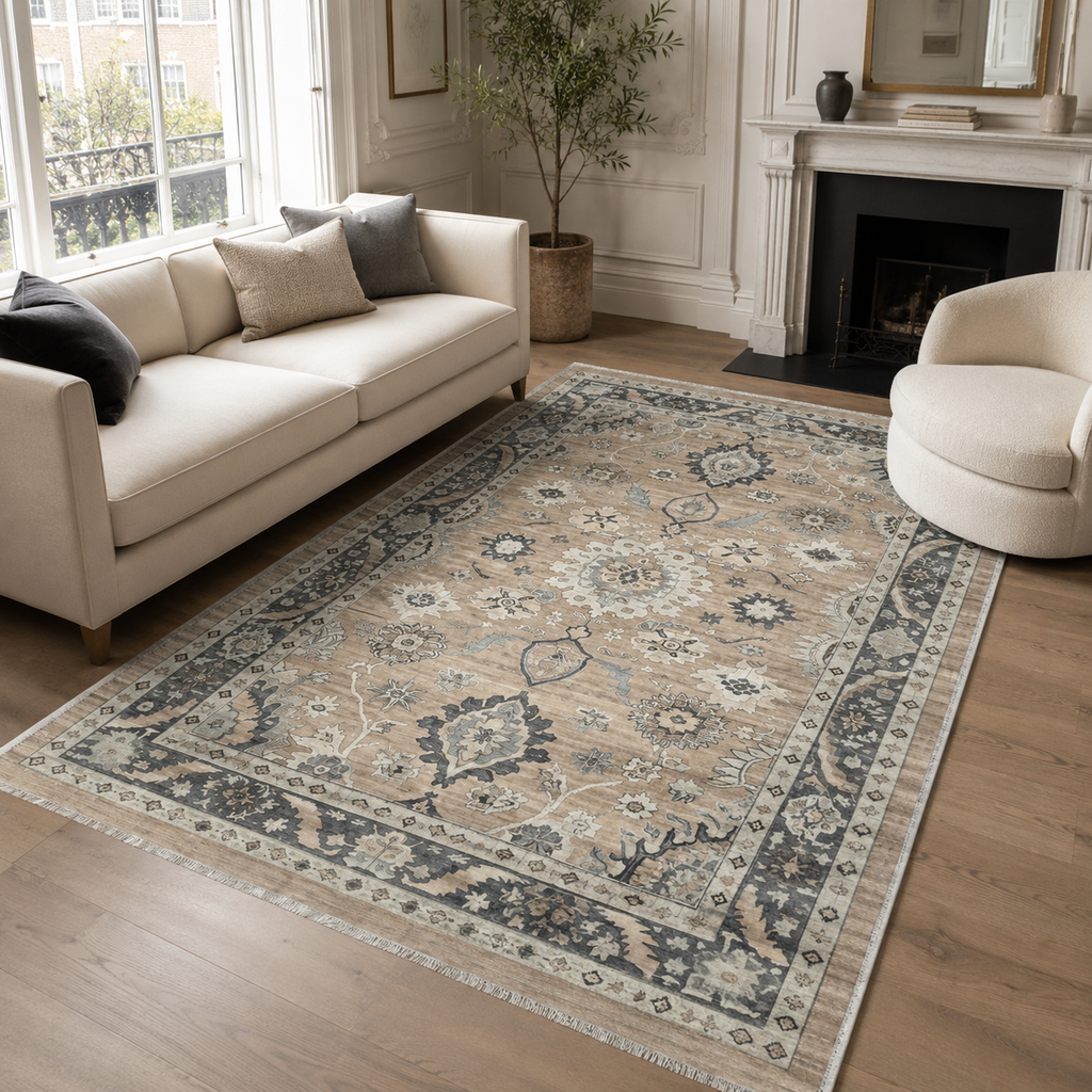 Tapis Géométrique Vintage Crème et Blanc Lavable Ginevra, vue principale