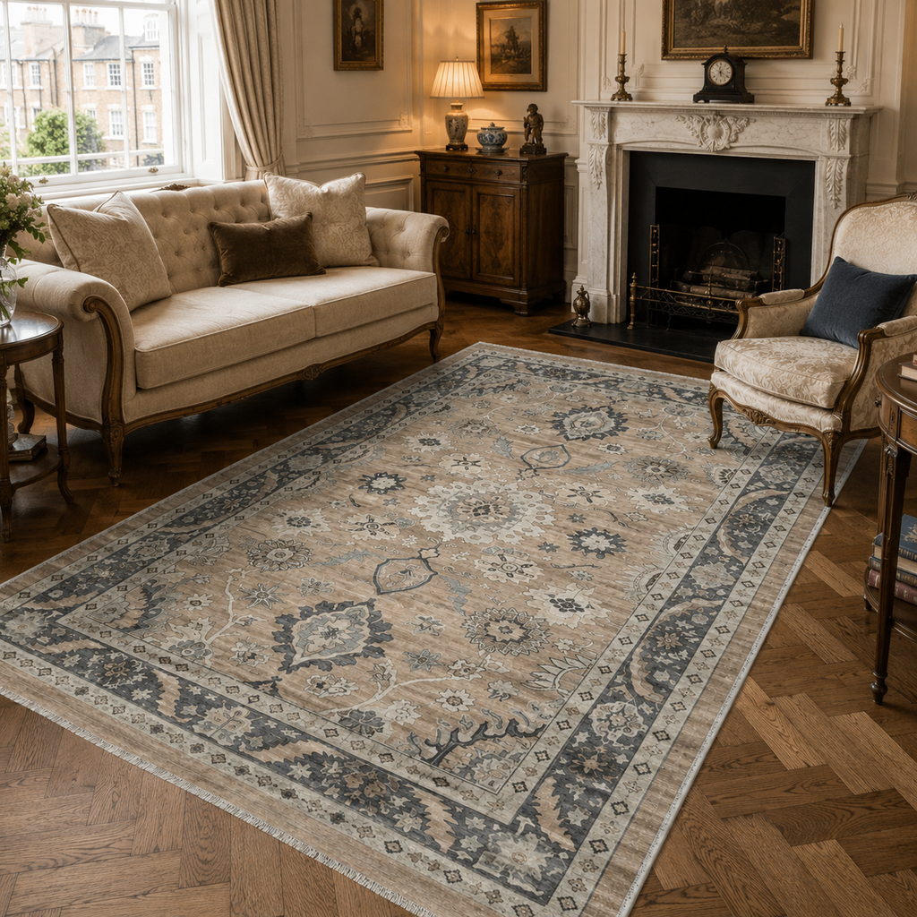 Détail du motif du tapis géométrique vintage crème et blanc lavable Ginevra