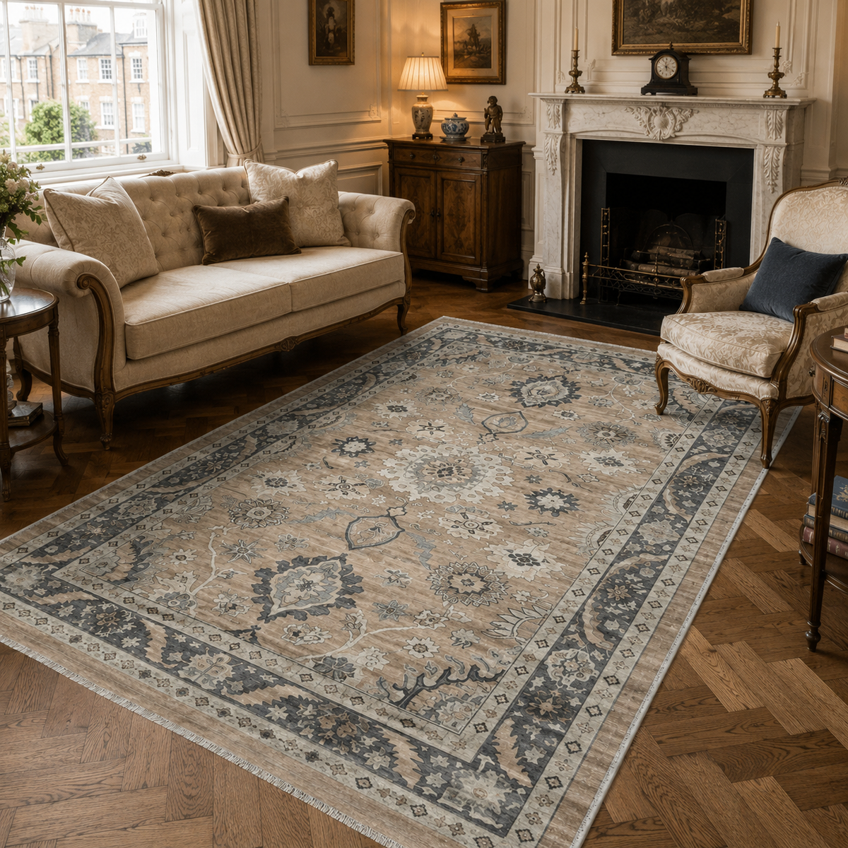 Détail du motif du tapis géométrique vintage crème et blanc lavable Ginevra