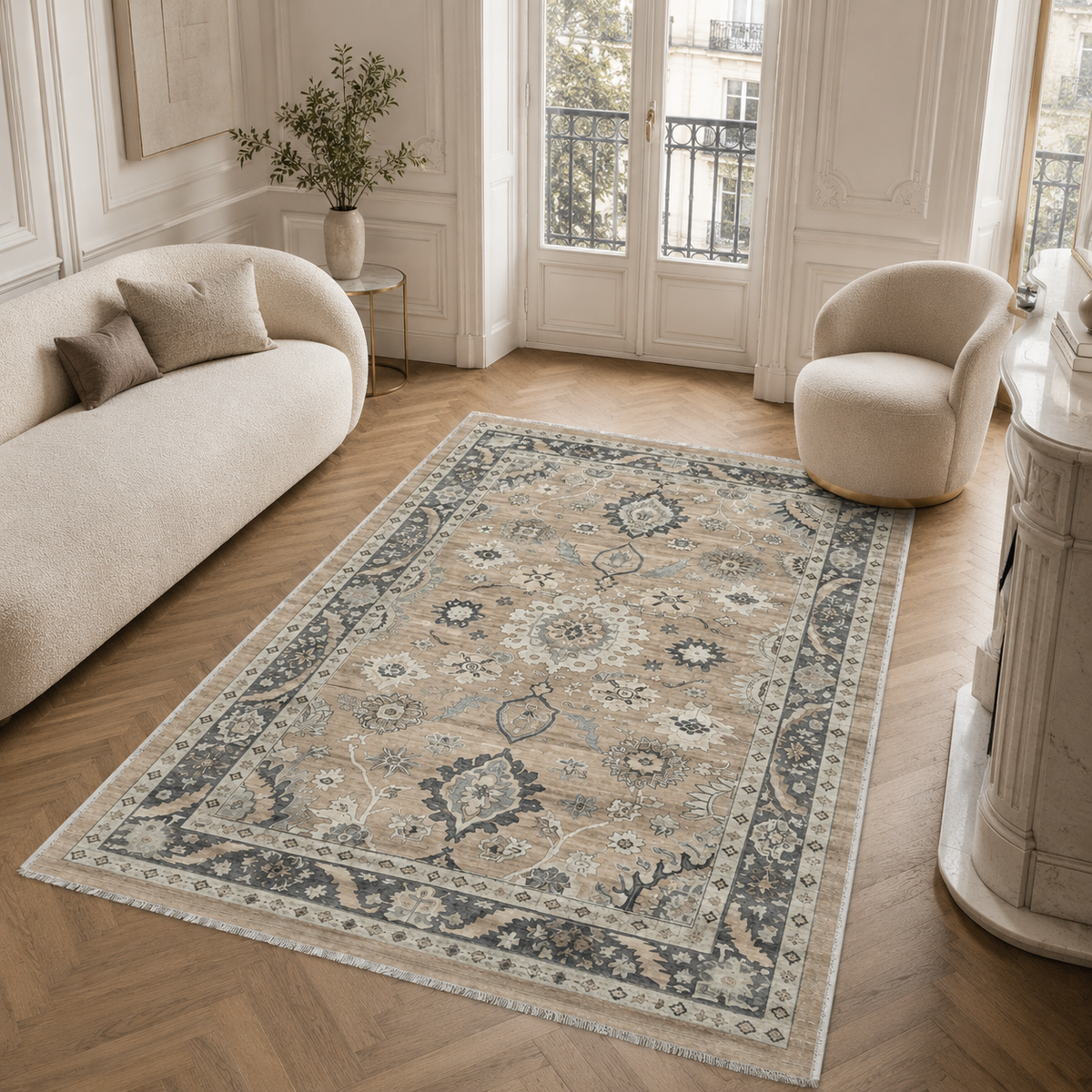 Tapis Géométrique Vintage Crème et Blanc Lavable Ginevra, vue 3