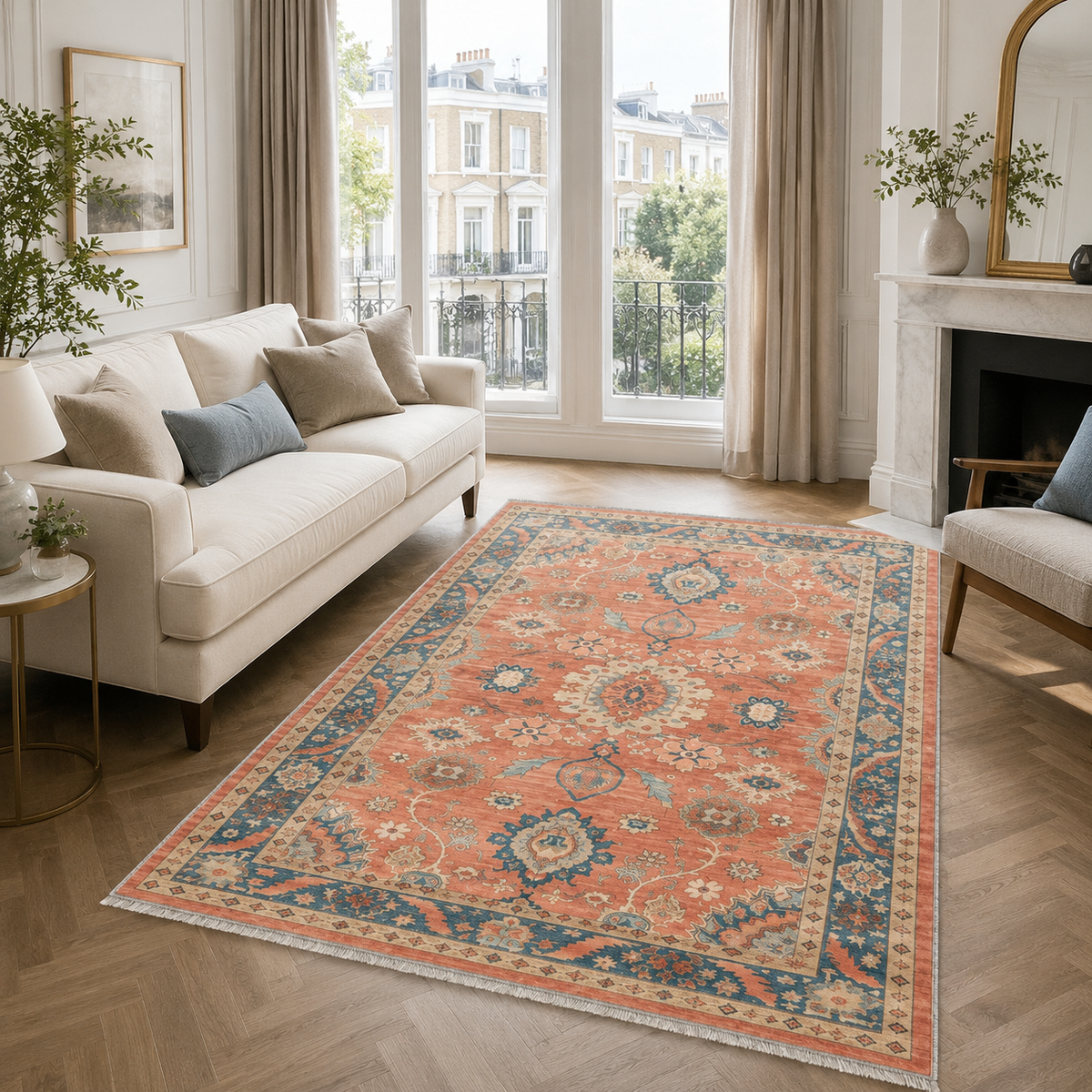 Tapis Ethnique Vintage Crème et Blanc Lavable Émilie, vue principale