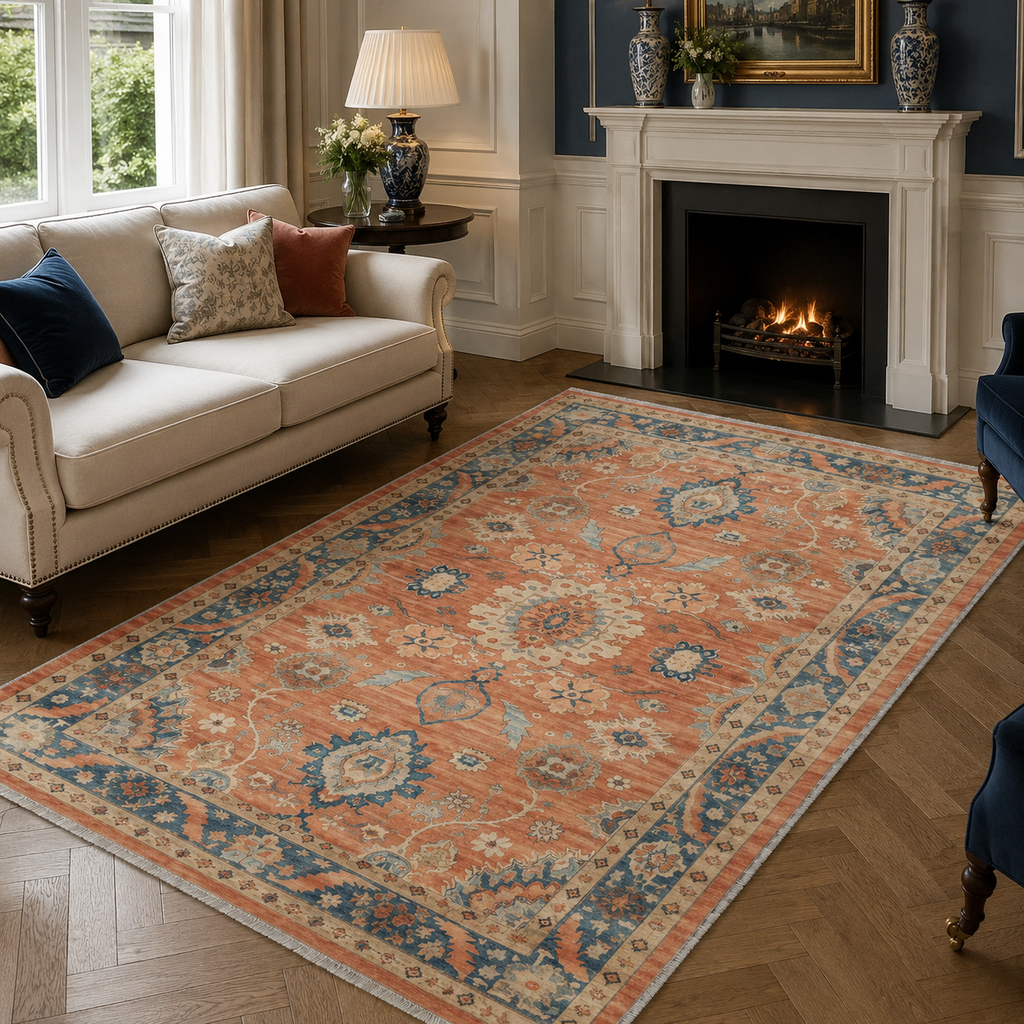Détail du motif du tapis ethnique vintage crème et blanc lavable Émilie