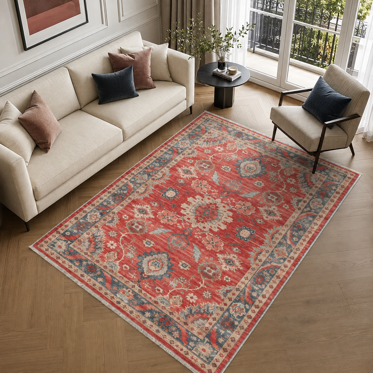 Détail du motif du tapis ethnique vintage bordeaux lavable Ophélie
