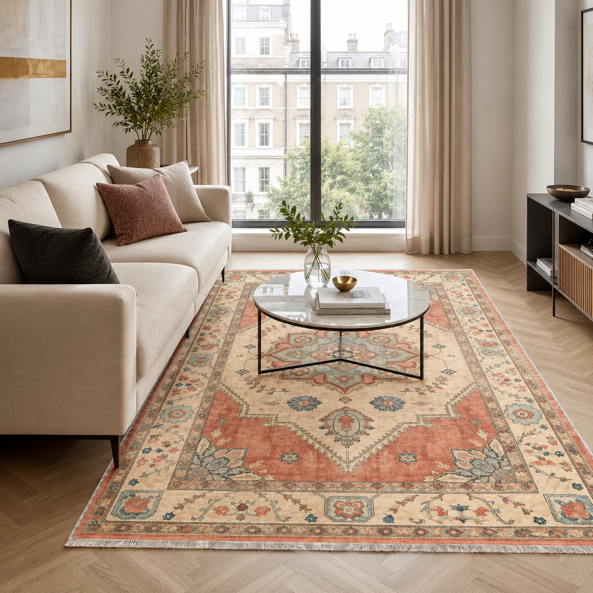 Détail du motif du tapis classique vintage crème et blanc lavable Lison
