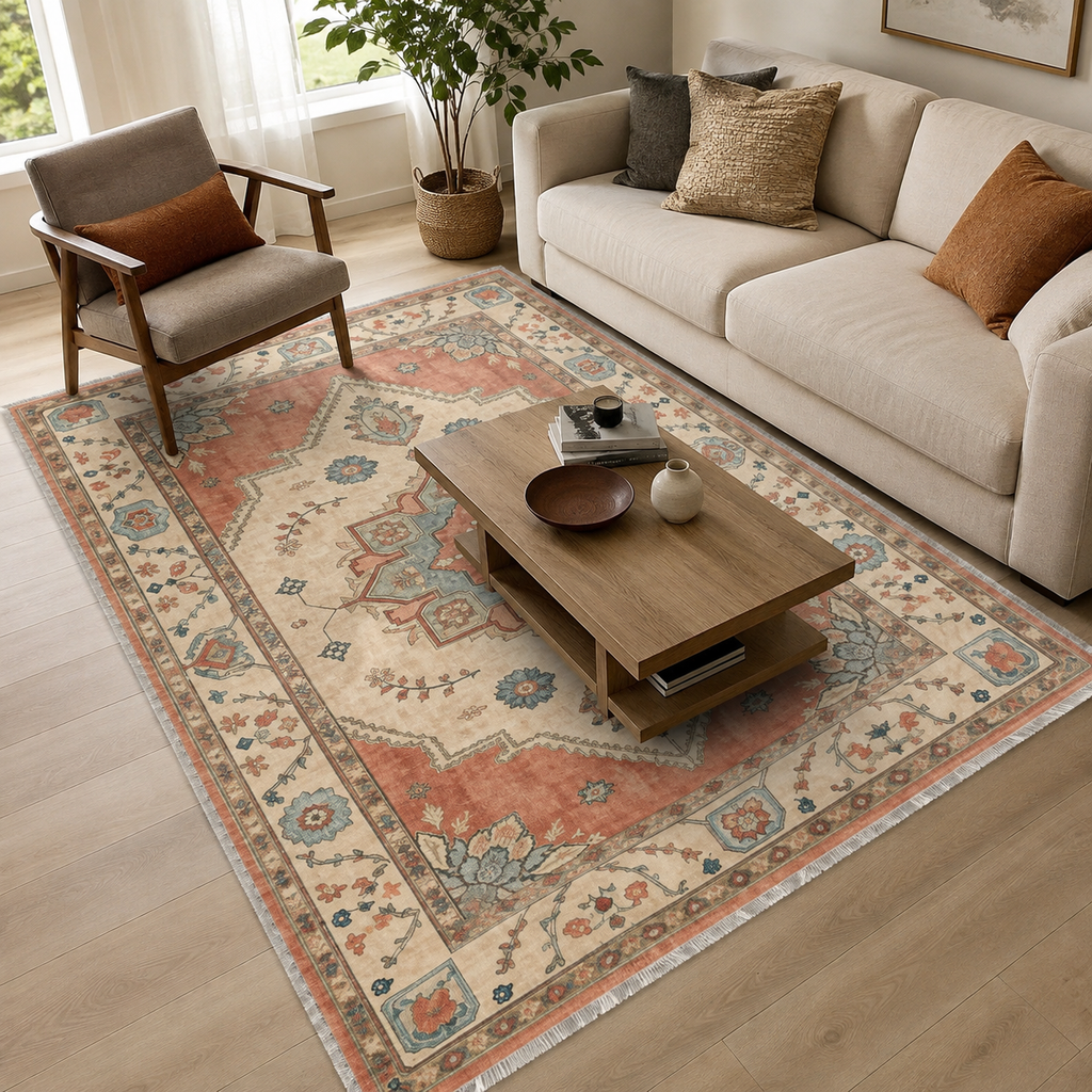 Tapis Classique Vintage Crème et Blanc Lavable Lison, vue 4