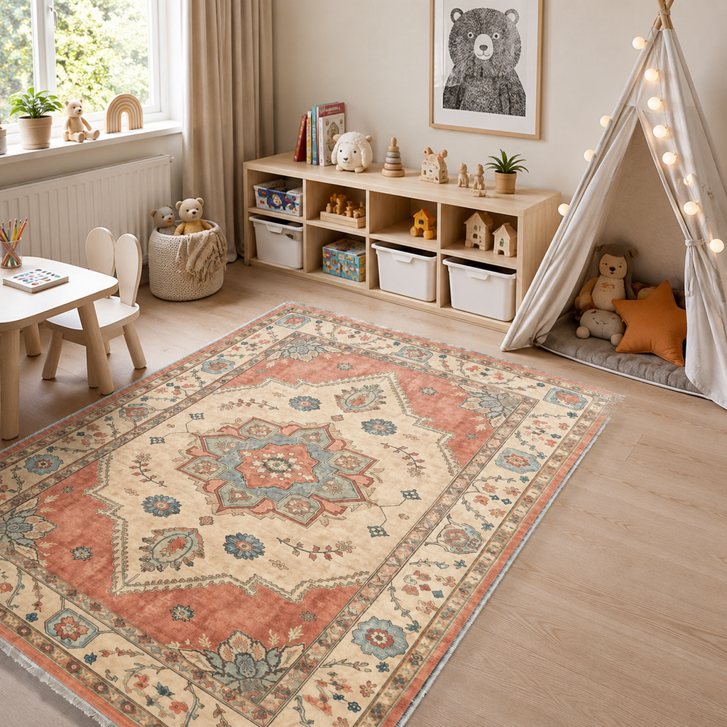 Tapis Classique Vintage Crème et Blanc Lavable Lison, vue 8
