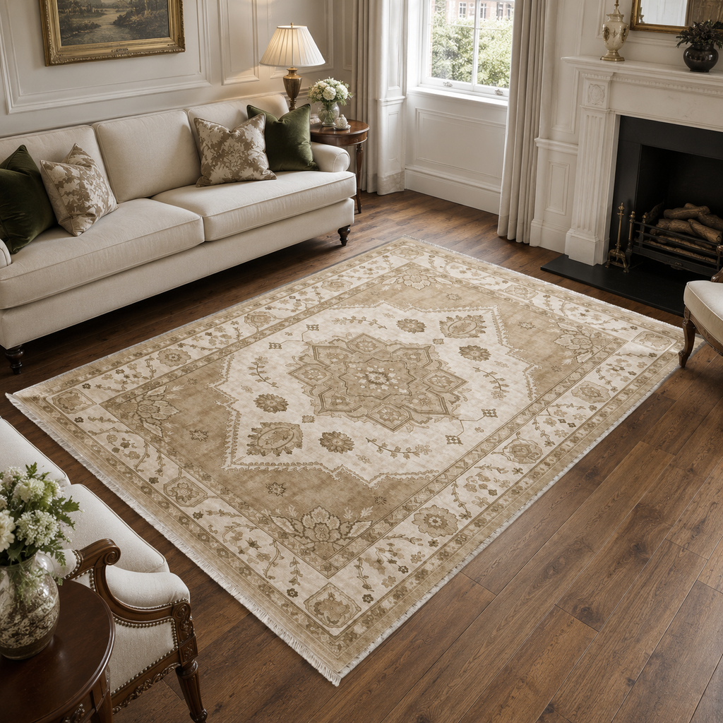 Détail du motif du tapis classique vintage crème et blanc lavable Hortense