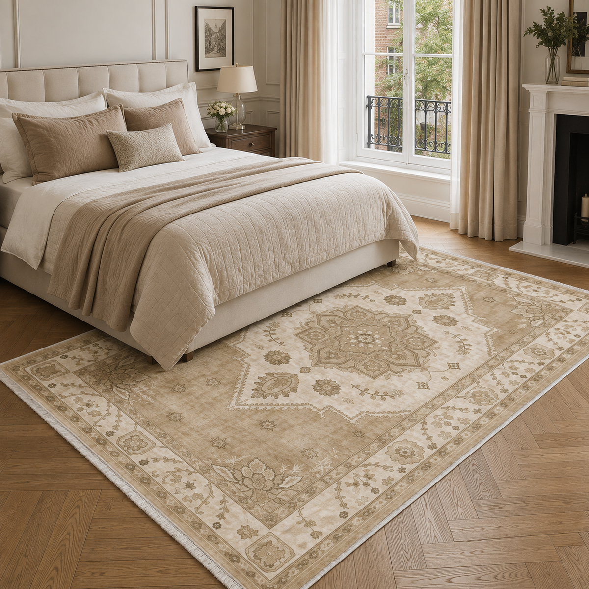 Tapis Classique Vintage Crème et Blanc Lavable Hortense, vue 3