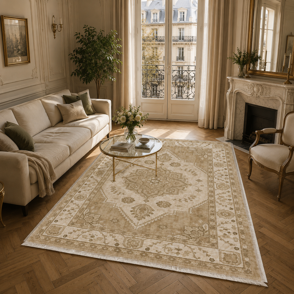 Tapis Classique Vintage Crème et Blanc Lavable Hortense, vue 6