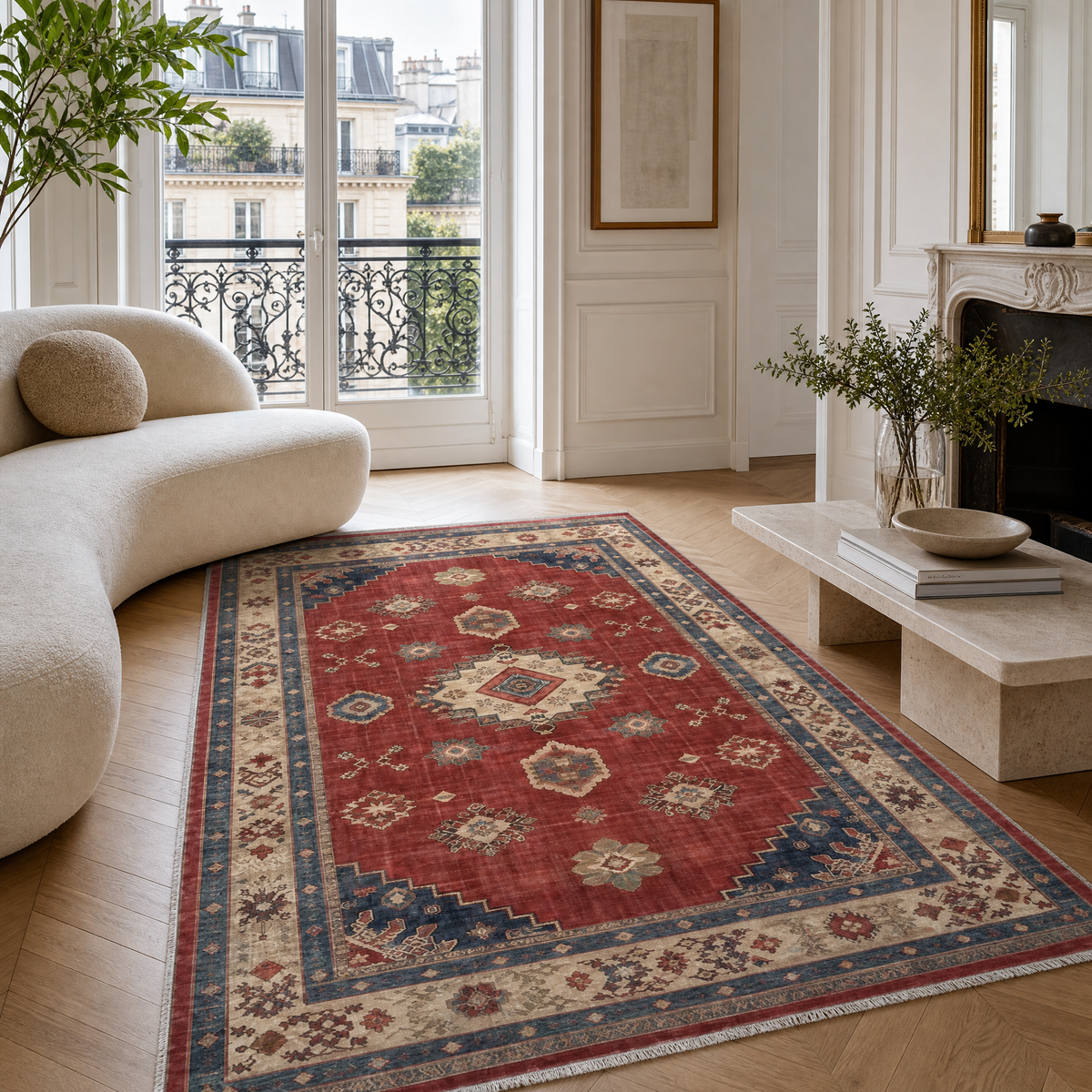 Détail du motif du tapis ethnique vintage bordeaux lavable Ella