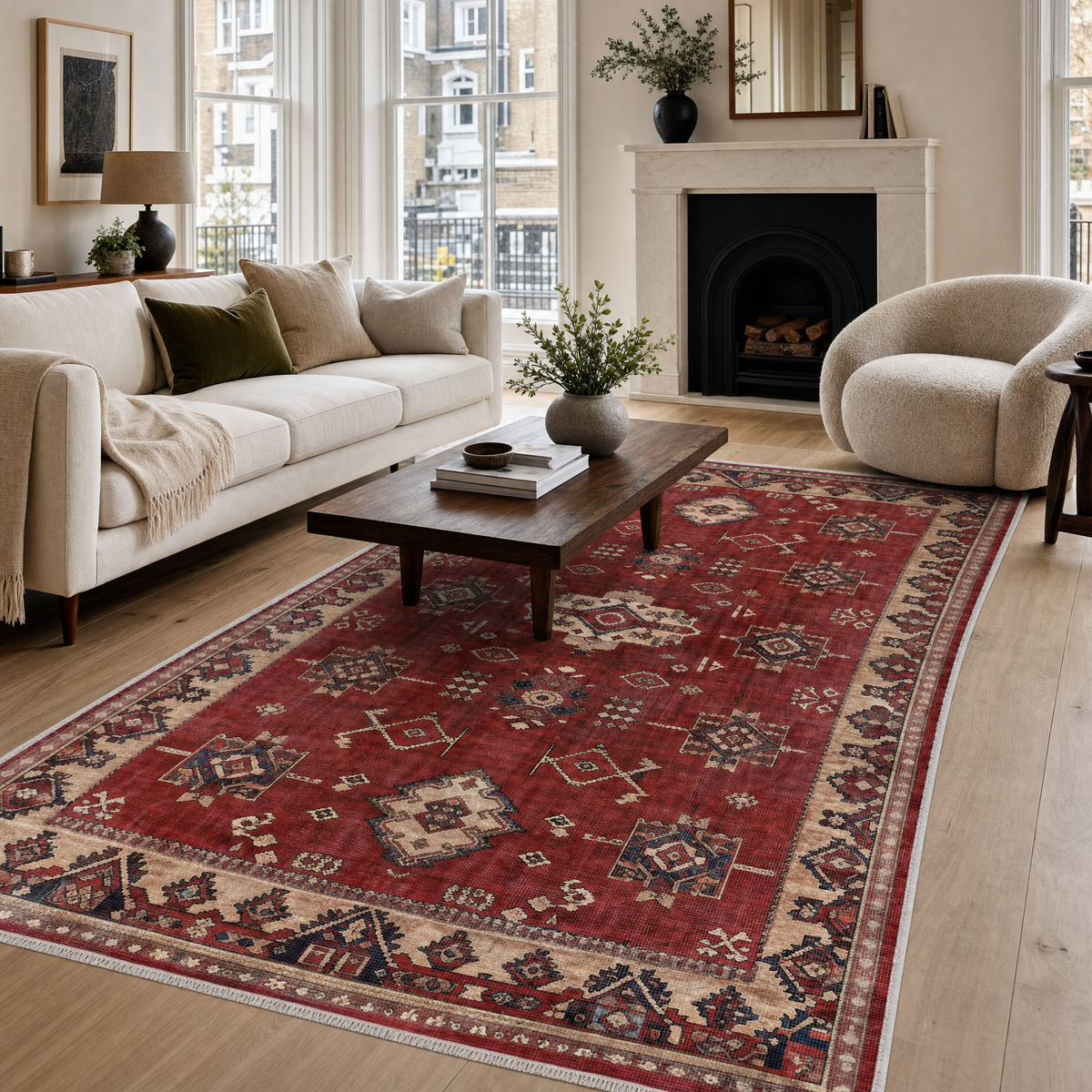 Tapis Classique Vintage Crème et Blanc Lavable Morgane, vue principale