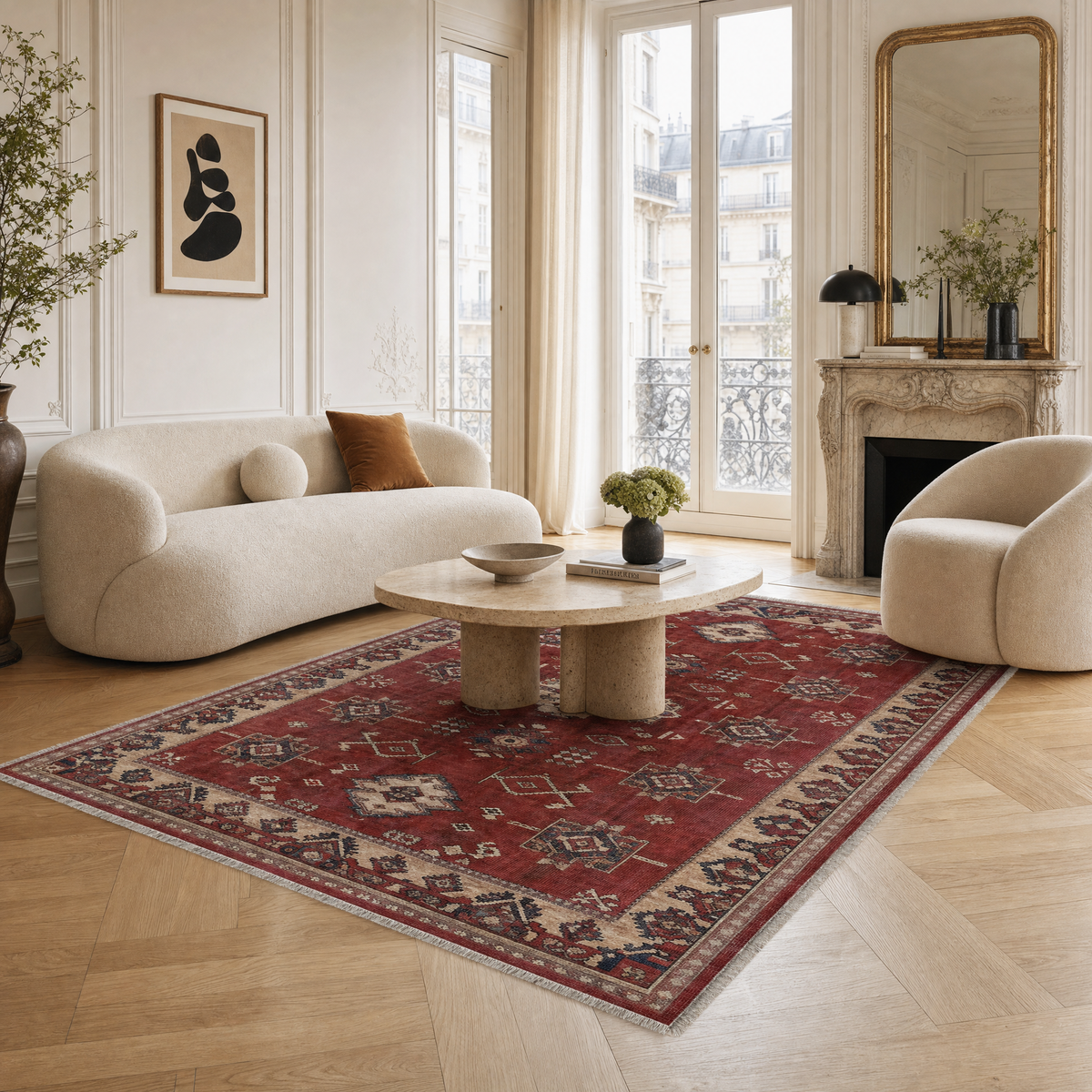 Détail du motif du tapis classique vintage crème et blanc lavable Morgane