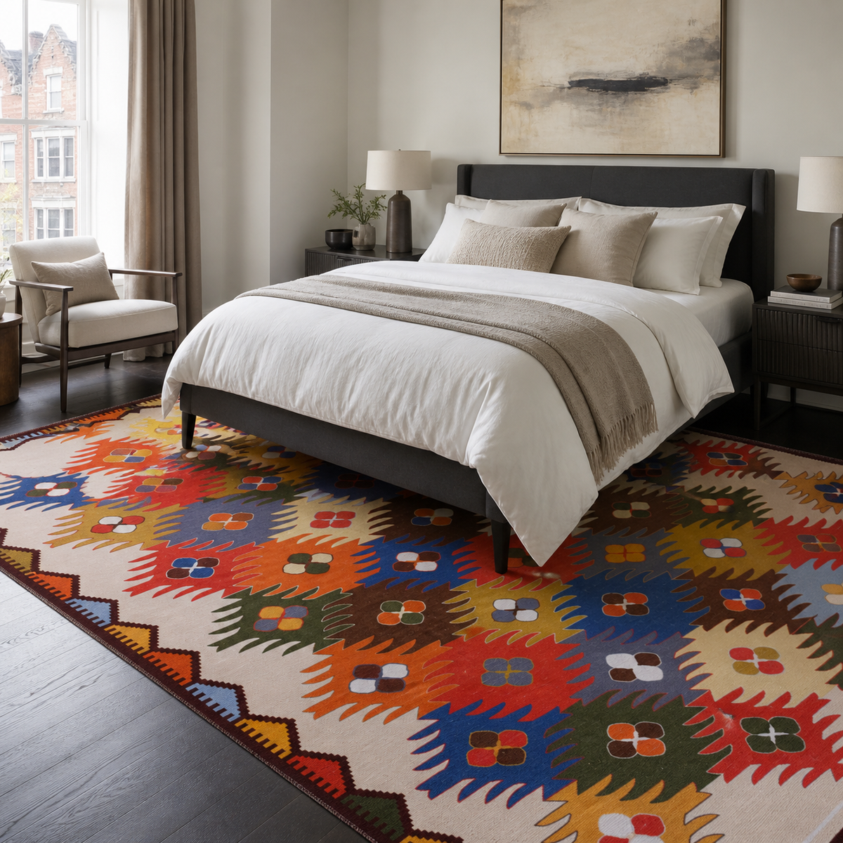 Détail du motif du tapis ethnique bordeaux lavable Hortense