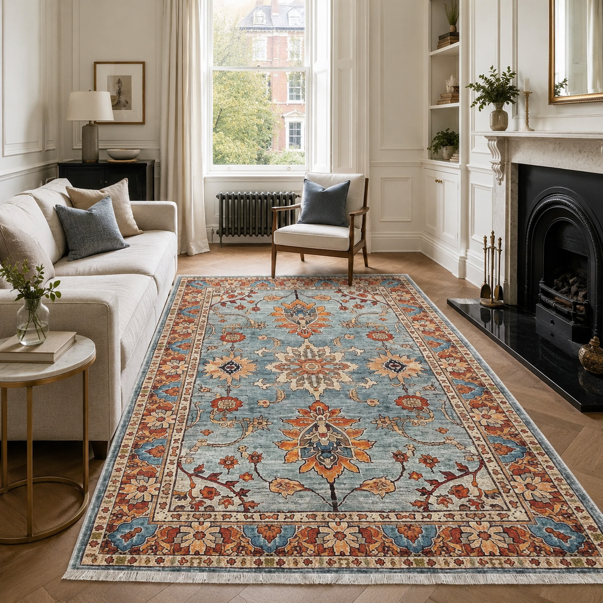Tapis Géométrique Moderne Crème et Blanc Lavable Félicie, vue principale