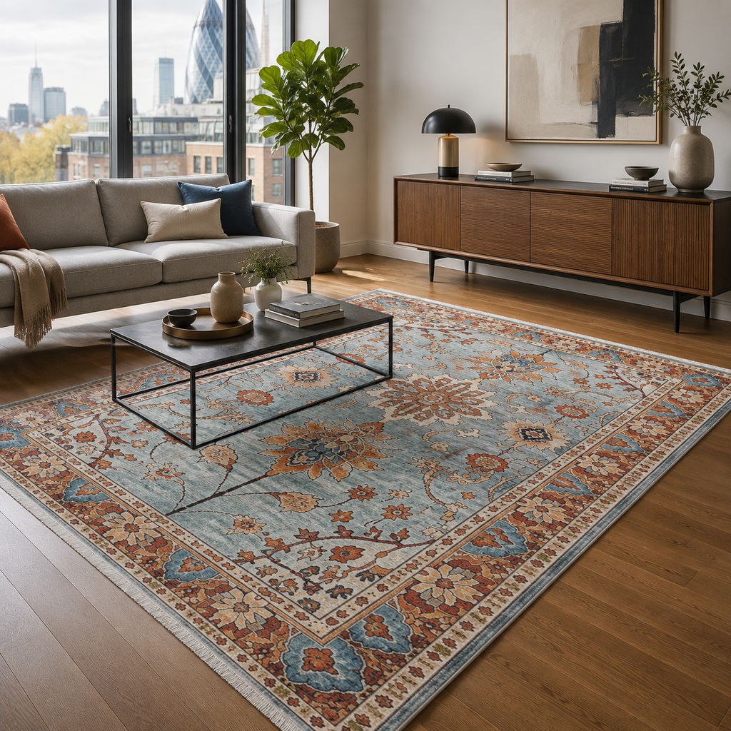 Détail du motif du tapis géométrique moderne crème et blanc lavable Félicie