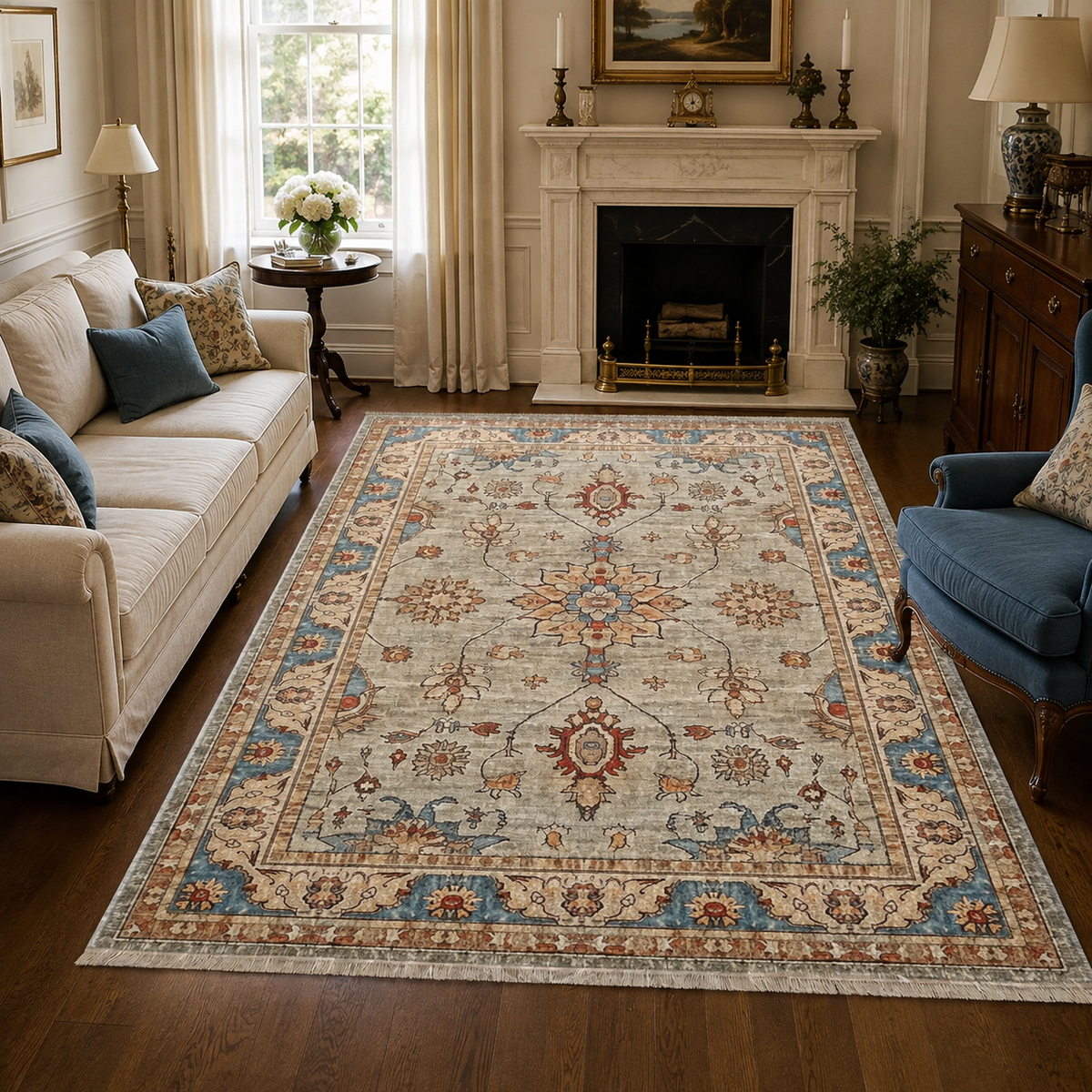 Détail du motif du tapis classique crème et blanc lavable Cléo