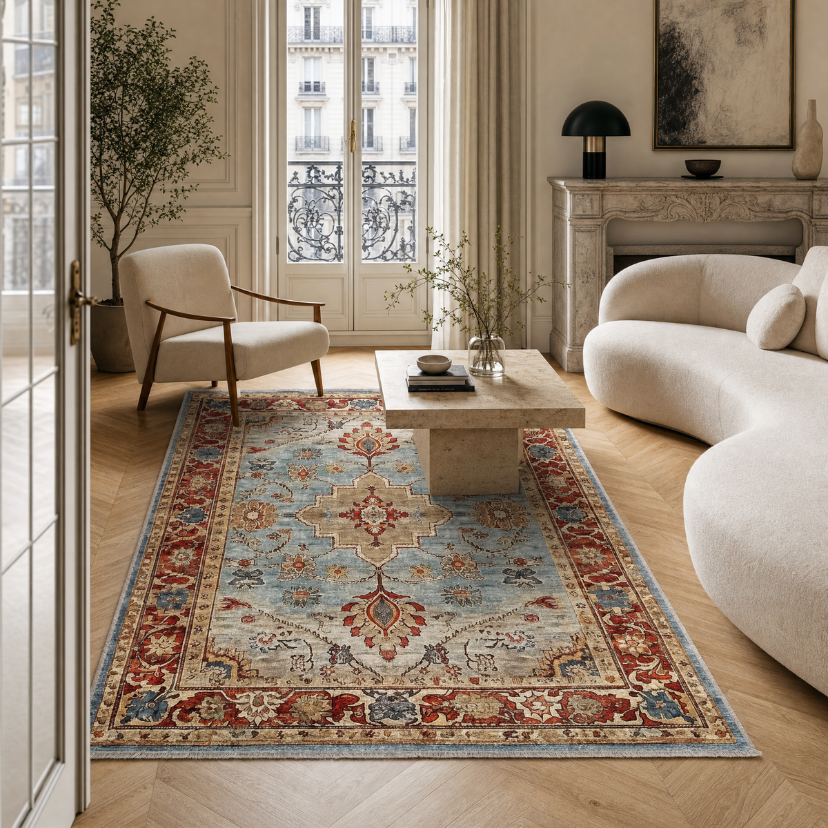 Tapis Géométrique Moderne Crème et Blanc Lavable Jade, vue principale
