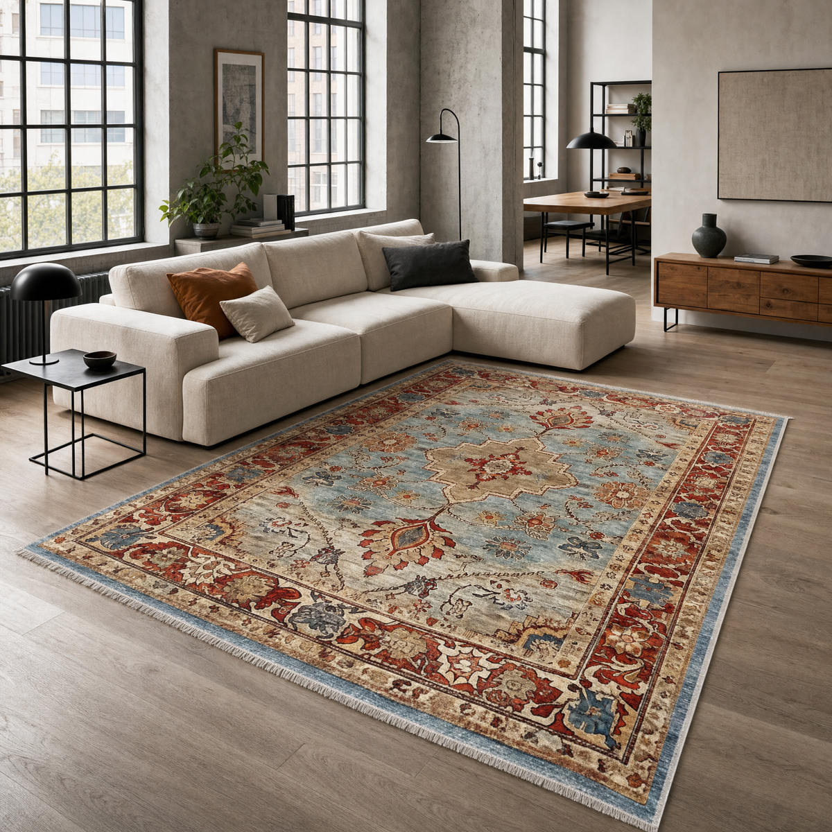 Détail du motif du tapis géométrique moderne crème et blanc lavable Jade
