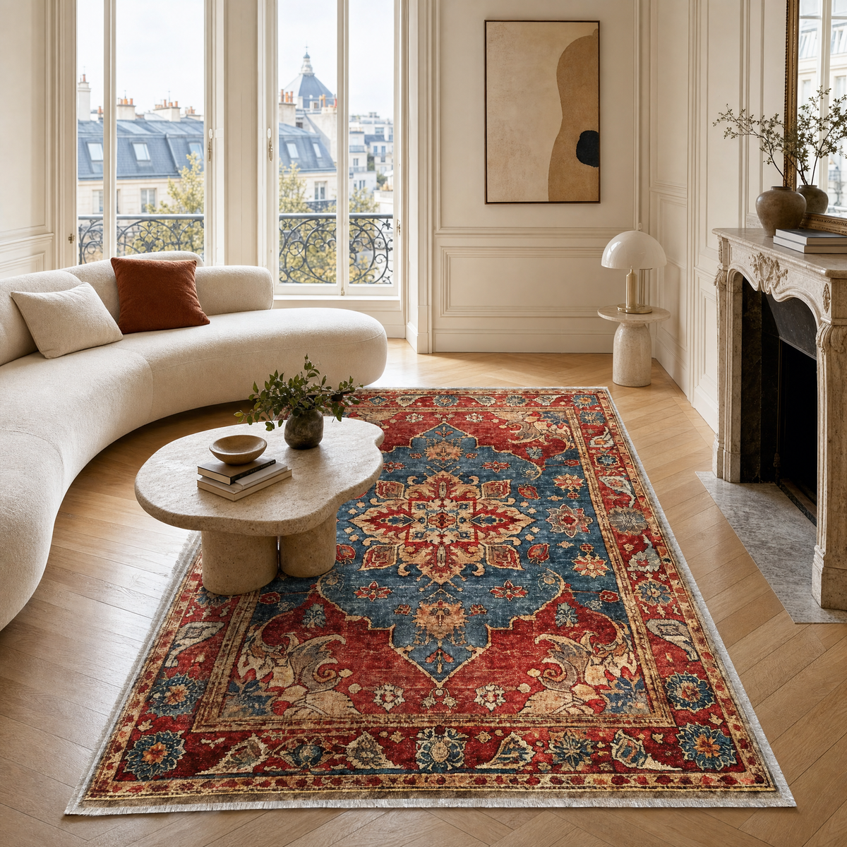 Détail du motif du tapis classique bordeaux lavable Alice