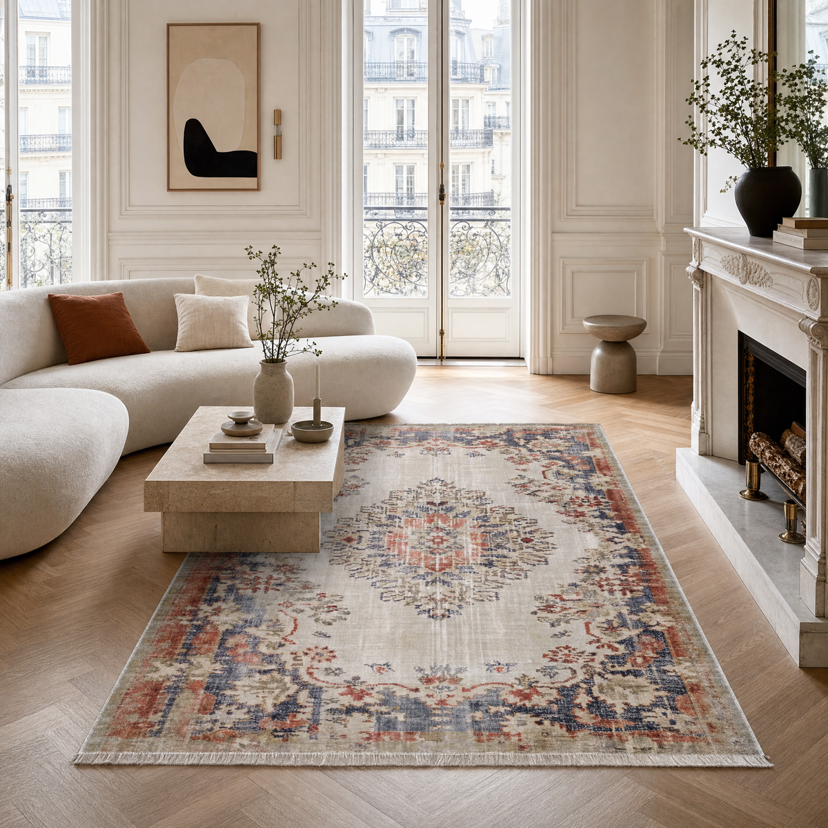 Détail du motif du tapis classique vintage gris lavable Aïda