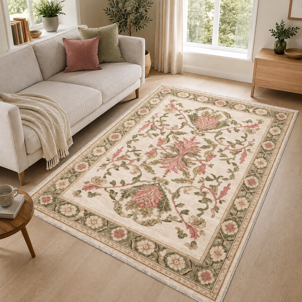 Tapis Géométrique Moderne Crème et Blanc Lavable Coline, vue principale