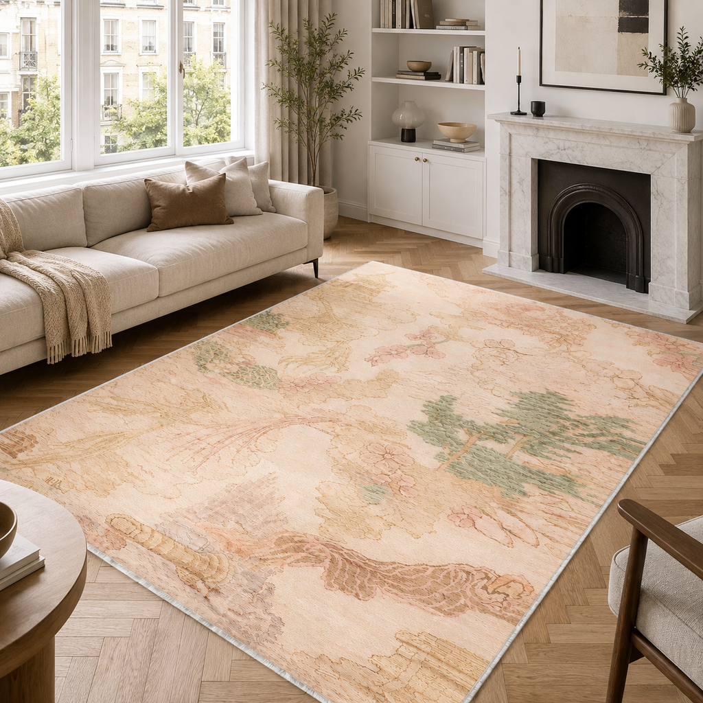 Détail du motif du tapis abstrait crème et blanc lavable Hermine