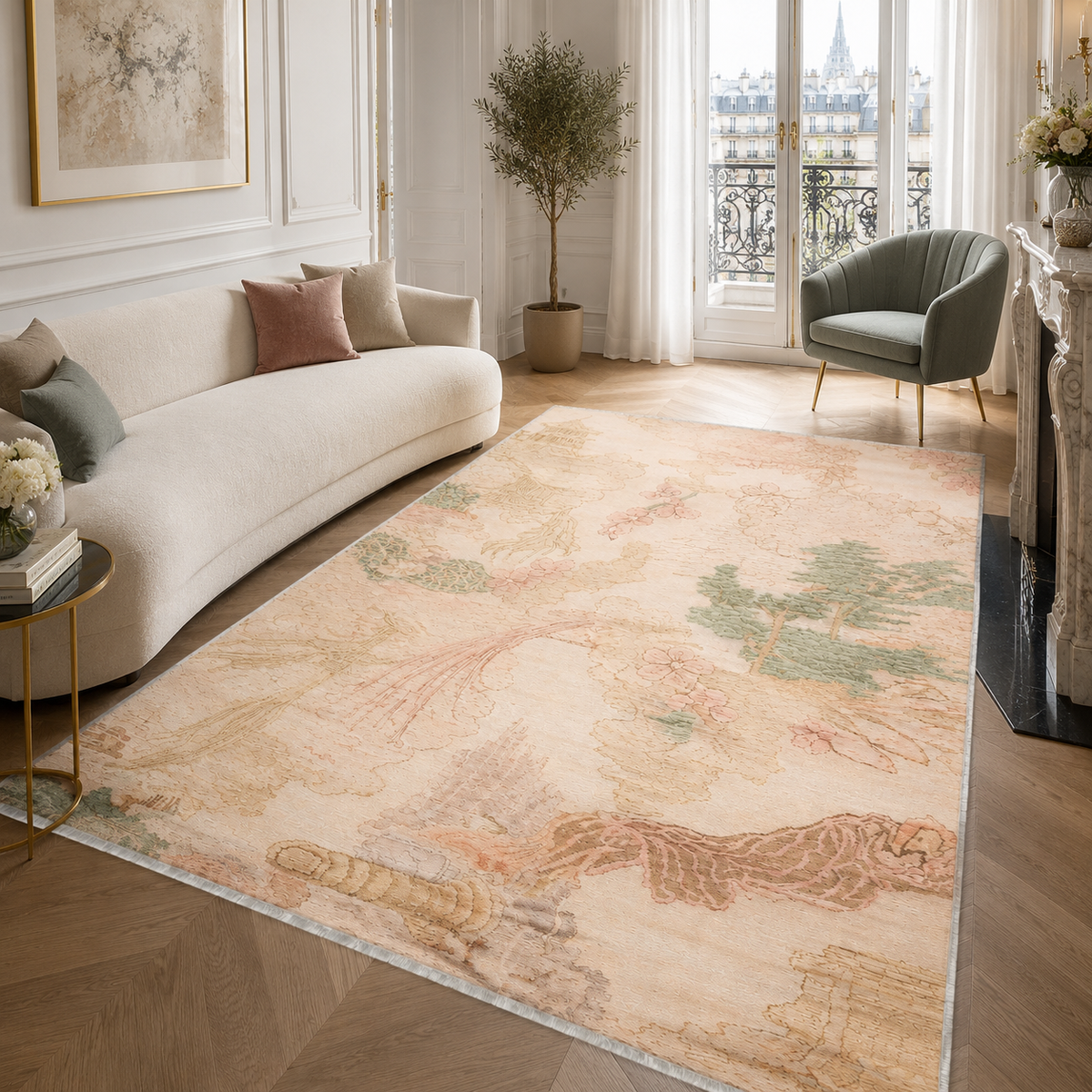 Tapis Abstrait Crème et Blanc Lavable Hermine, vue 3