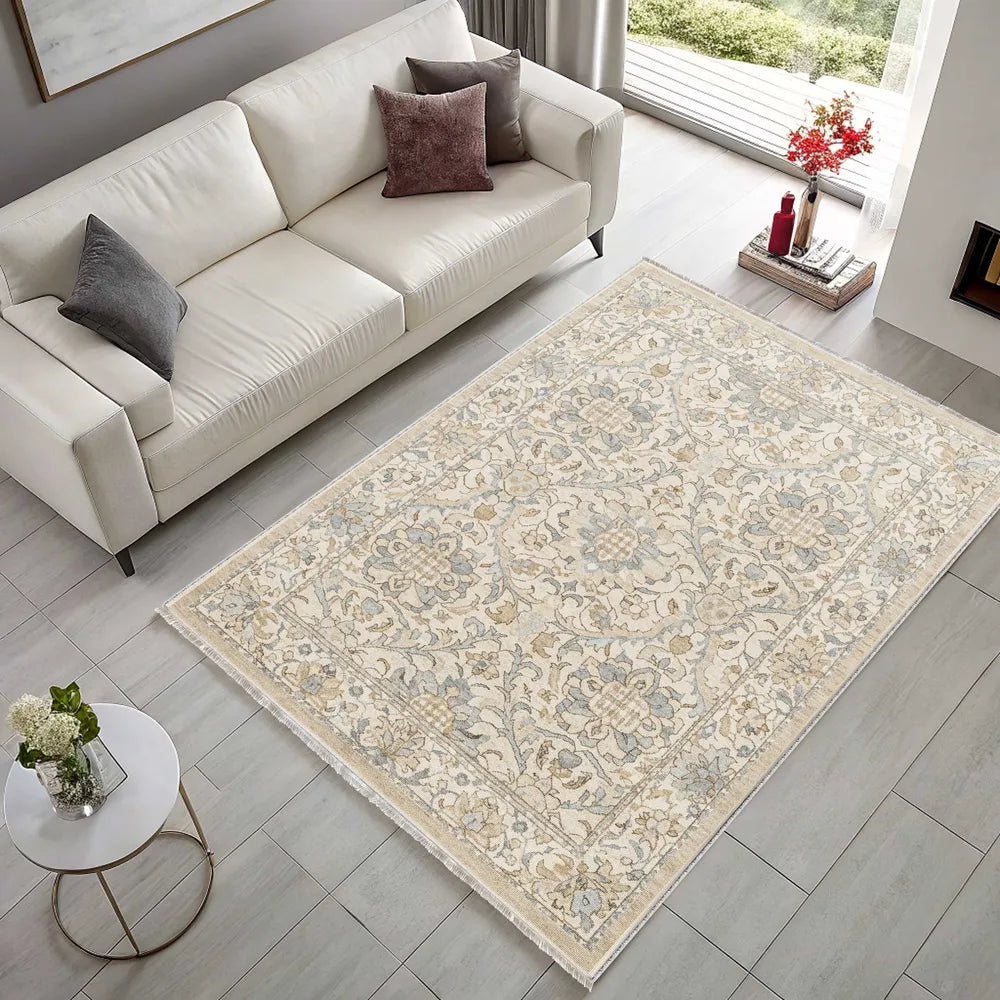 Tapis Géométrique Vintage Crème et Blanc Lavable Coline, vue principale