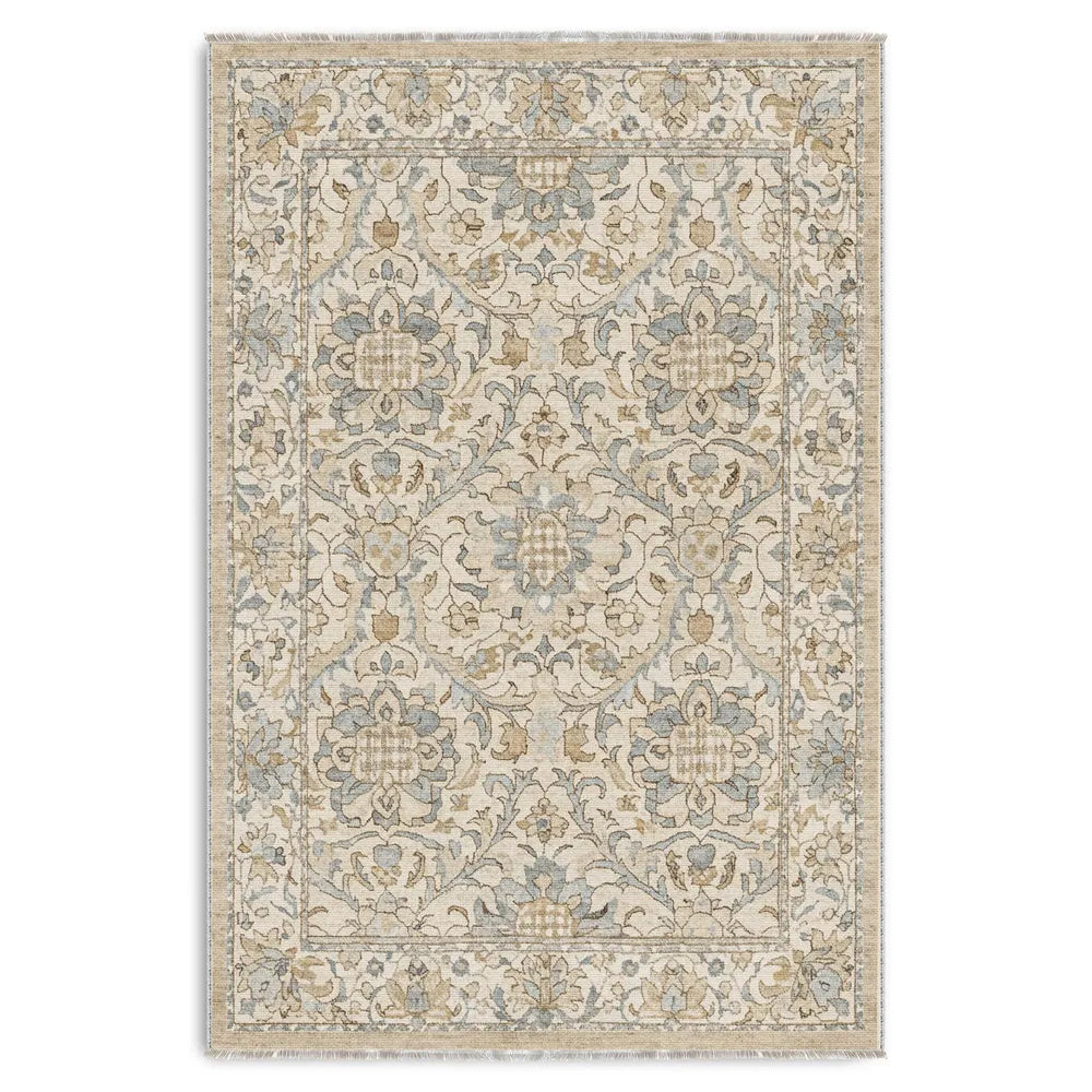 Détail du motif du tapis géométrique vintage crème et blanc lavable Coline