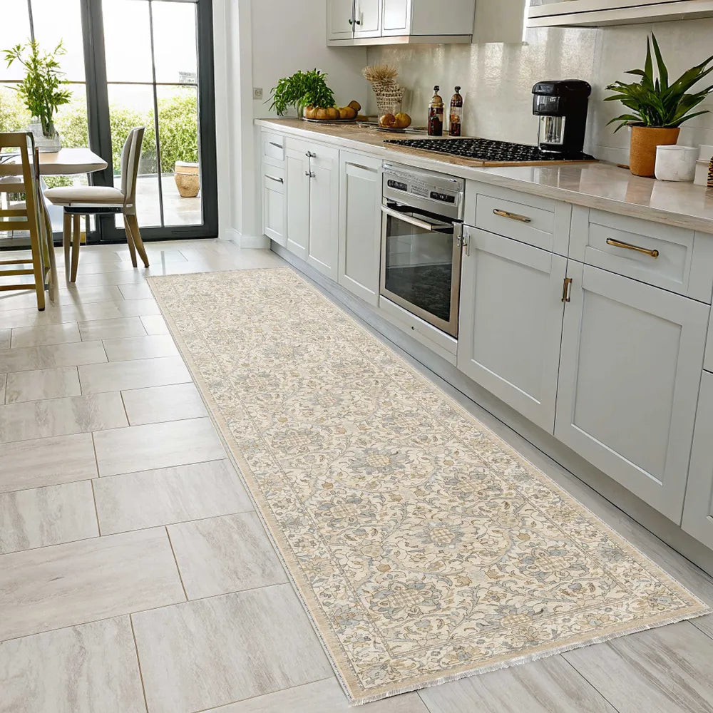 Tapis Géométrique Vintage Crème et Blanc Lavable Coline, vue 6