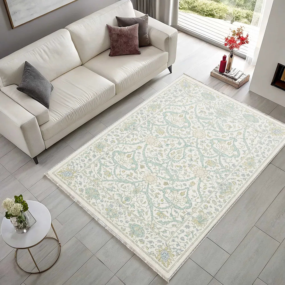 Tapis Classique Vintage Crème et Blanc Lavable Lison, vue principale