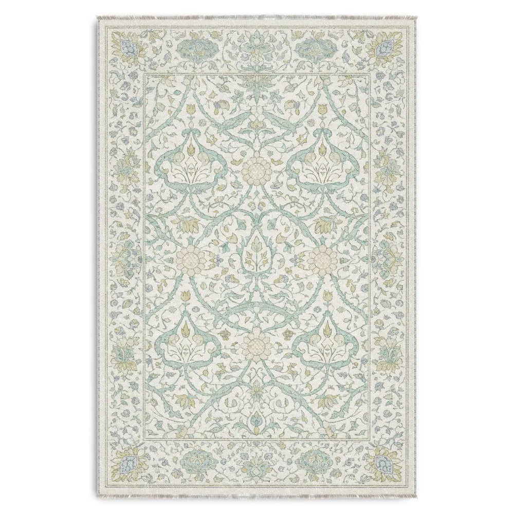 Détail du motif du tapis classique vintage crème et blanc lavable Lison