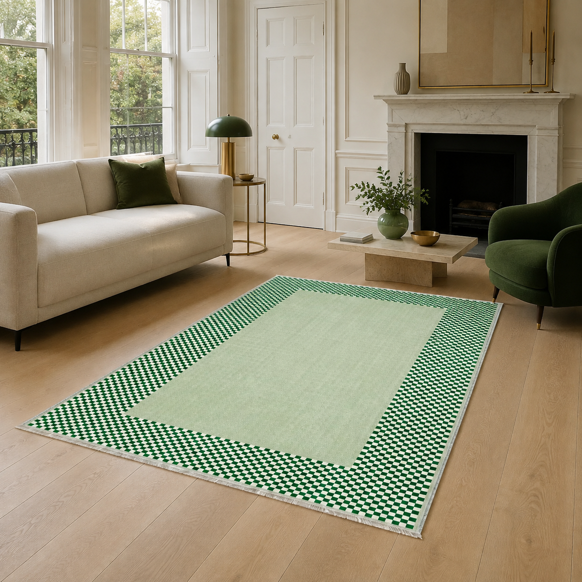 Tapis Géométrique Moderne Crème et Blanc Lavable Elena, vue principale