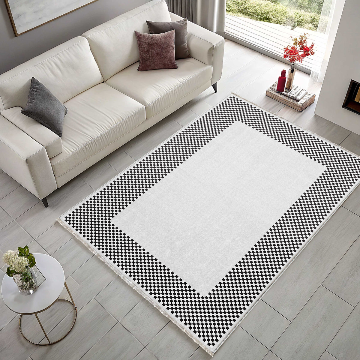 Tapis Géométrique Moderne Crème et Blanc Lavable Yuna, vue 9