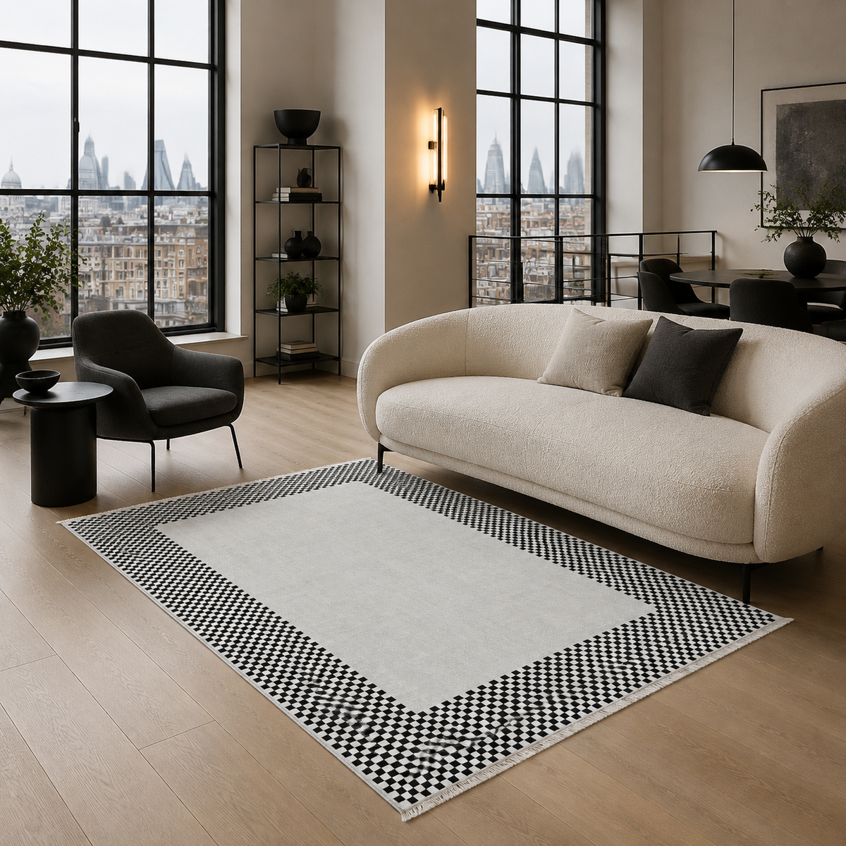 Tapis Géométrique Moderne Crème et Blanc Lavable Yuna, vue principale