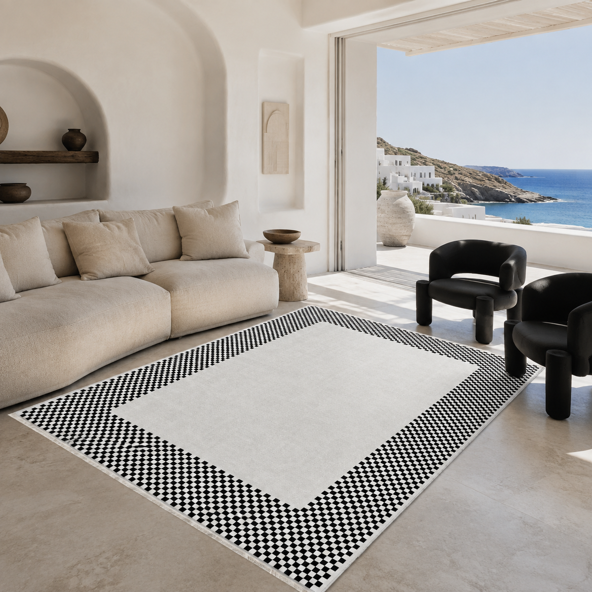 Détail du motif du tapis géométrique moderne crème et blanc lavable Yuna