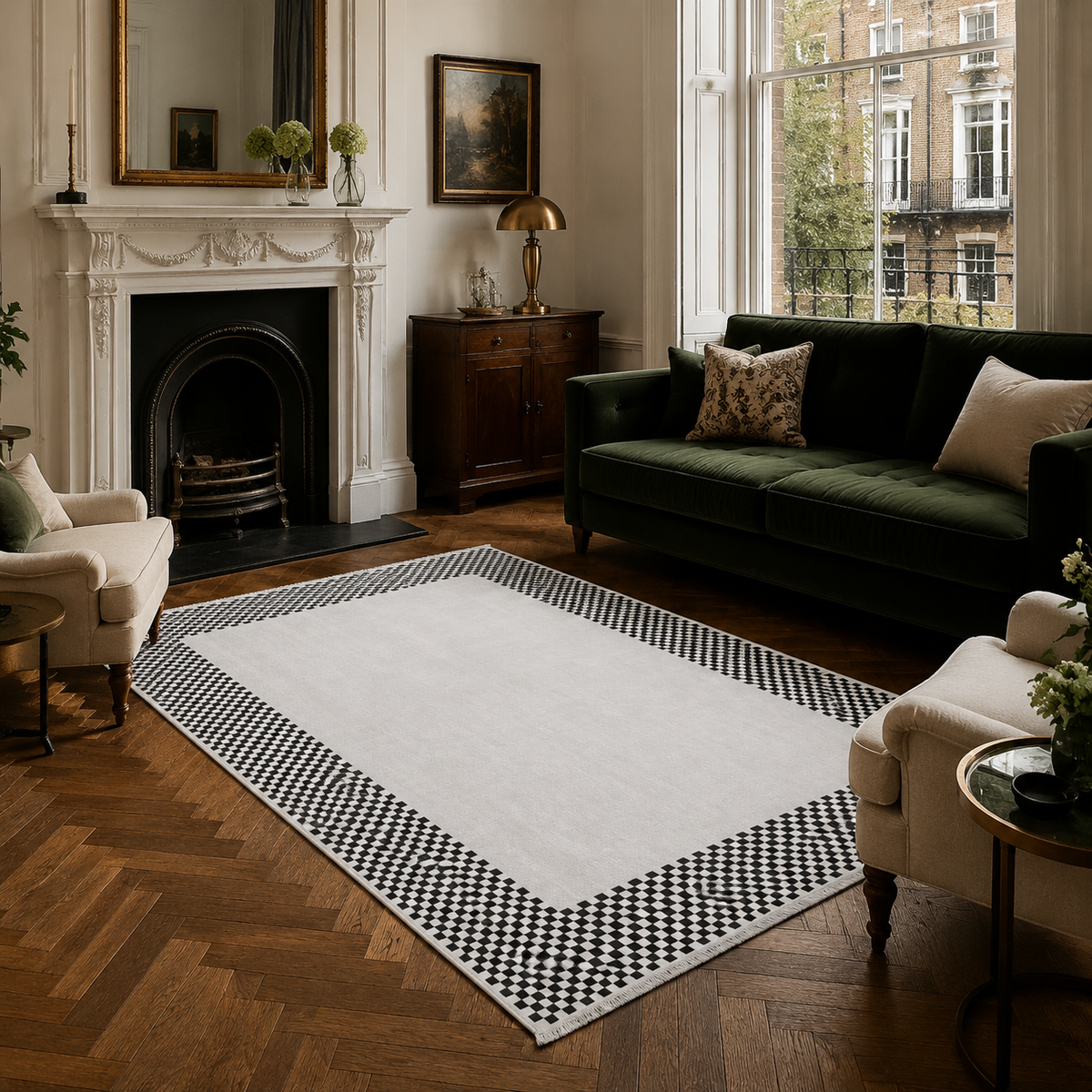 Tapis Géométrique Moderne Crème et Blanc Lavable Yuna, vue 3