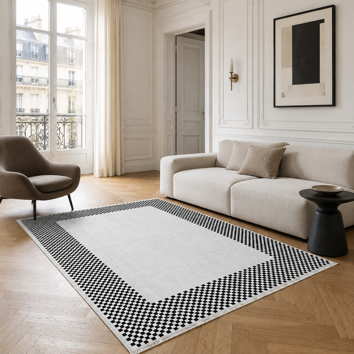 Tapis Géométrique Moderne Crème et Blanc Lavable Yuna, vue 4