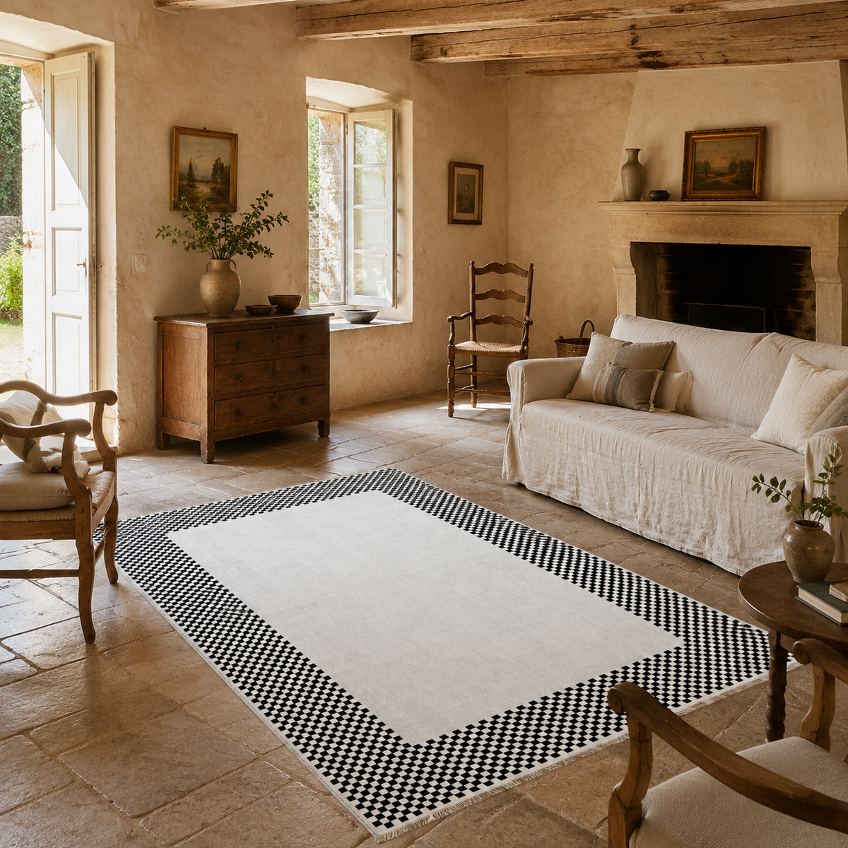 Tapis Géométrique Moderne Crème et Blanc Lavable Yuna, vue 5