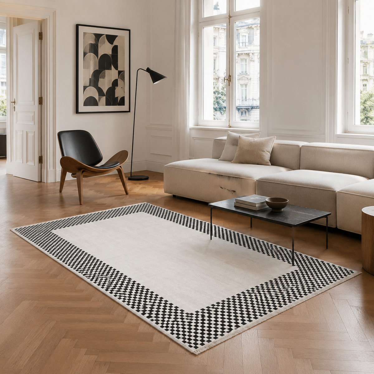Tapis Géométrique Moderne Crème et Blanc Lavable Yuna, vue 6