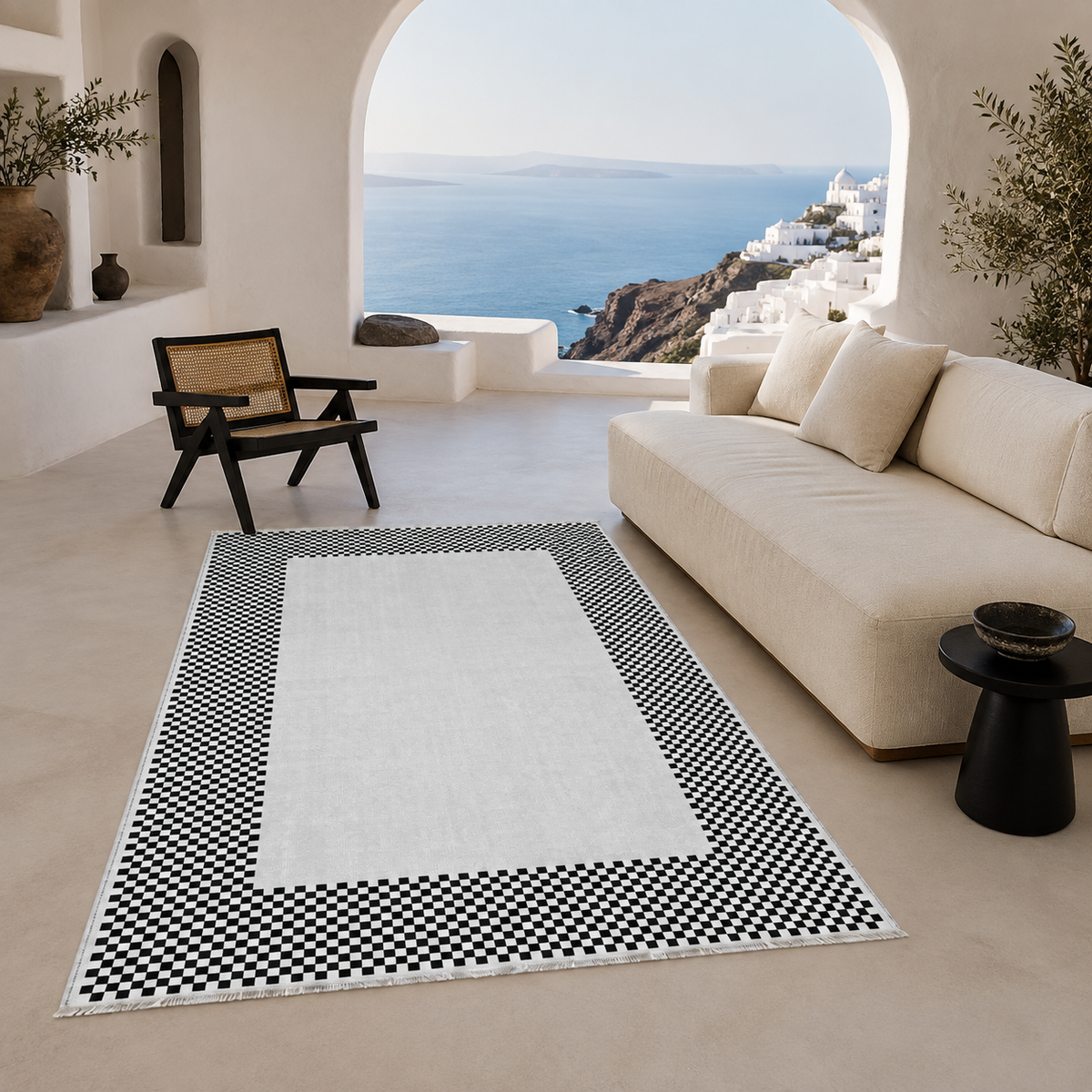 Tapis Géométrique Moderne Crème et Blanc Lavable Yuna, vue 7