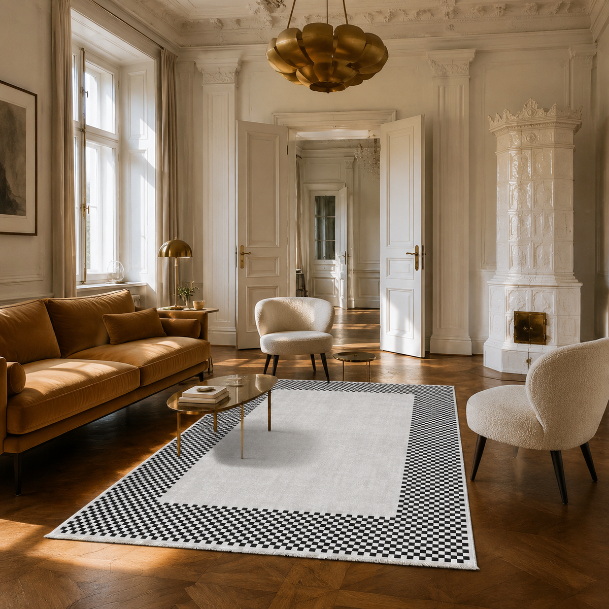 Tapis Géométrique Moderne Crème et Blanc Lavable Yuna, vue 8