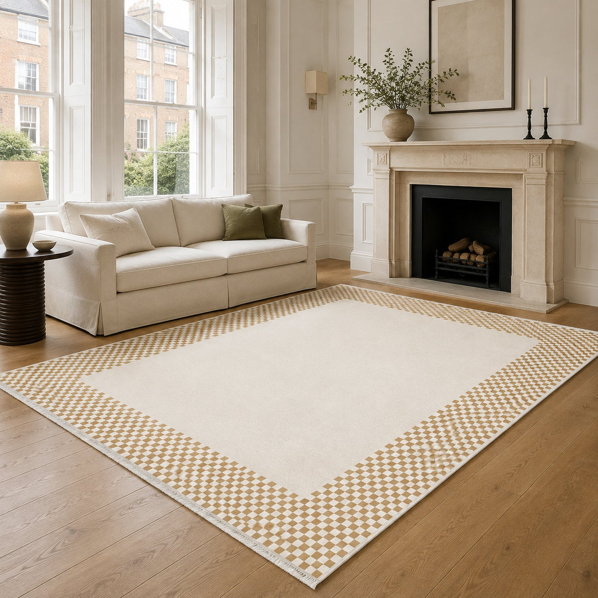 Tapis Géométrique Moderne Crème et Blanc Lavable Suzanne, vue principale