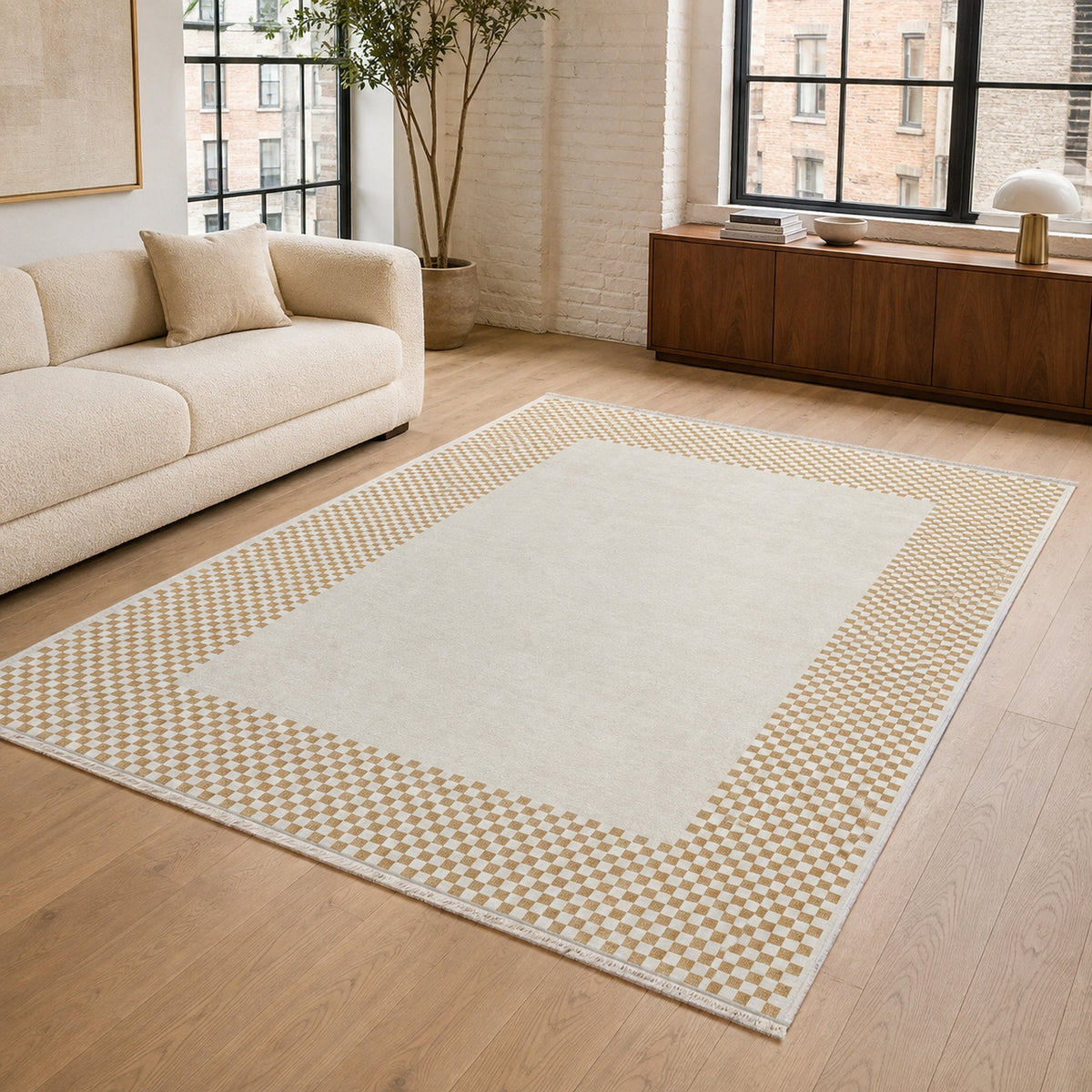 Détail du motif du tapis géométrique moderne crème et blanc lavable Suzanne